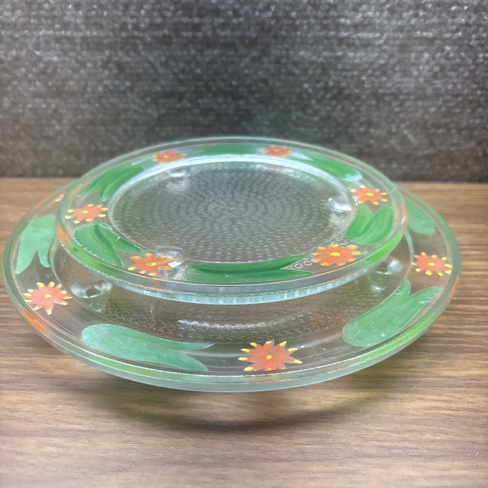 2 Vtg Hand Painted Orange Flowers Green Leaves Clear Glass Footed Plant Stands